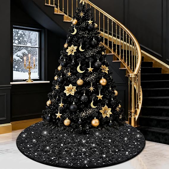 yuboo Black Fur Tree Skirt 48 Inches, Fluffy Faux Fur Christmas Tree Skirt with Sequins for 7.5Ft Tree, Gothic Plush Xmas Tree Rug, Black Christmas Tree Decorations