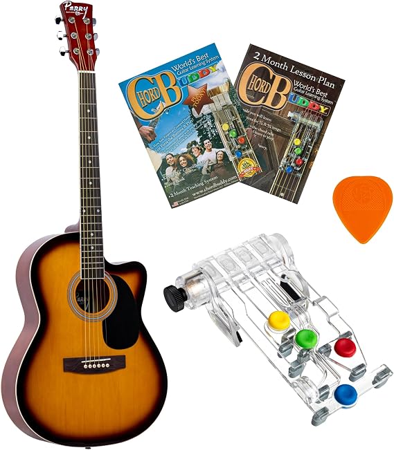 ChordBuddy 38" Perry Youth Cutaway Acoustic Guitar Combo, Tobacco Burst | Includes 2-Month Learning System & Songbook (35 Songs); Spruce Wood Top, Adjustable Truss Rod