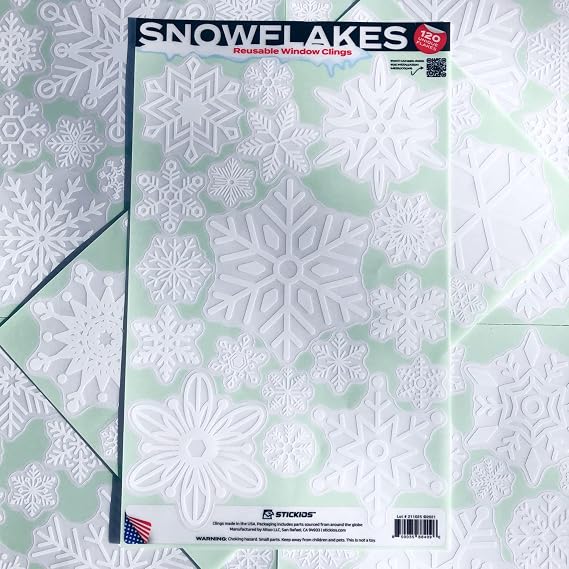 Stickios Snowflake Christmas Window Clings - Made in USA (120 Unique PCS)