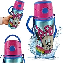 SRV Hub Minnie Mouse Leak Proof Sports Water Bottle, 600ml Aluminium Automatic Button Opening Water Lightweight Leakproof KBT Disney Bottle for Ideal for School Nursery Sports Picnic Kids | 21.5cm