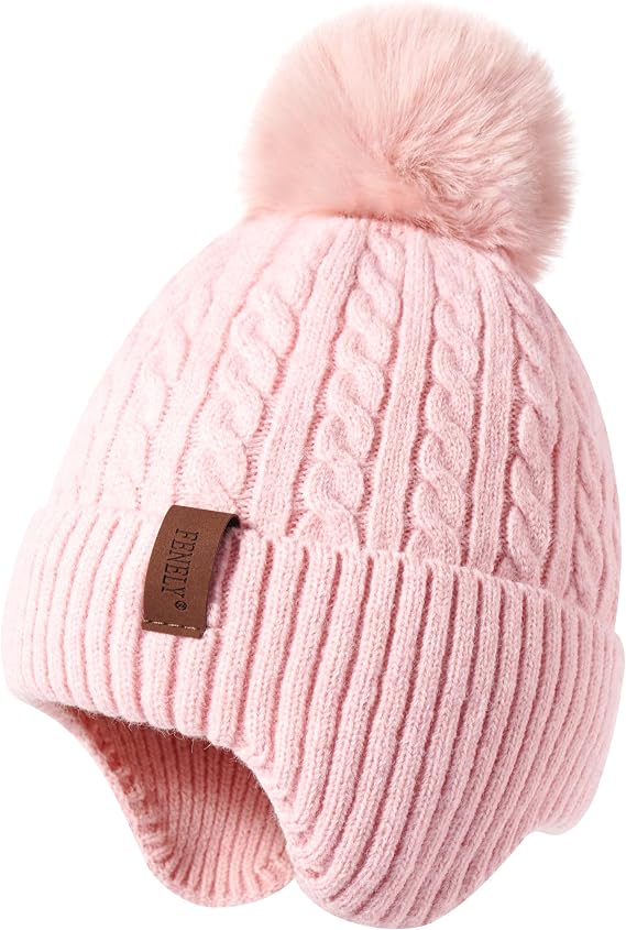 FENELY Girls Boys Winter Hat 3-12, Children's Warm Knitted Earflaps Beanie with Pom Pom Thicken Fleece Lining Cap for Kids