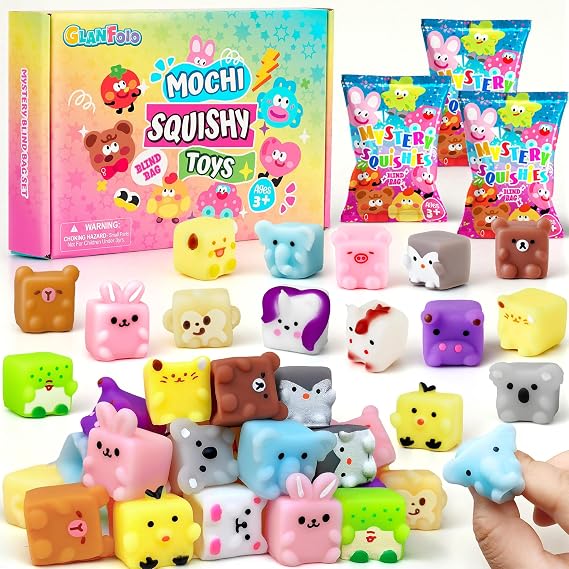 32 Pcs Animals Mochi Squishy Toys, Blink Box Mini Squishies Cute Squishy Set Sensory Stress Relief Toys Squishy Party Bag Fillers Party Favor for Kids，Blocks