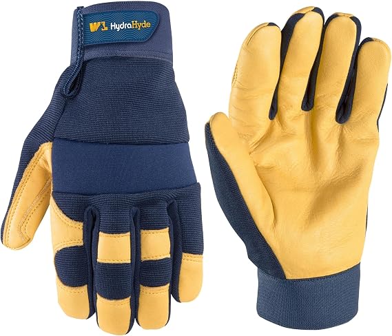 Wells Lamont Men's Leather Palm Work Gloves HydraHyde Water-Resistant Leather, Flexible Spandex Back, Adjustable Closure