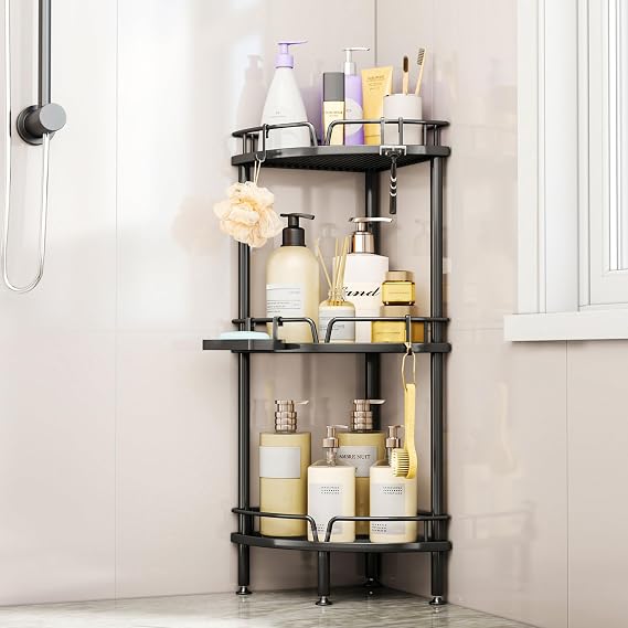 SWTYMIKI Freestanding Shower Caddy Corner - 3 Tier Stainless Steel Bathroom Corner Storage Shelf with Soap Holder & 4 Hooks, Rustproof Floor Standing Shower Organiser
