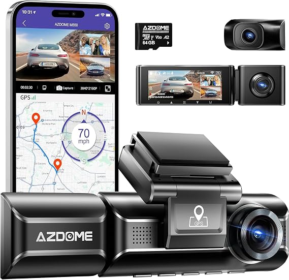 AZDOME M550 3CH Dash Cam 4K - 3.19" Screen IR Night Vision - 24H Parking Mode - 3-Channel Dash Cam - Interior IR Camera - Built-in GPS & WiFi - Three-Mode Parking Monitor