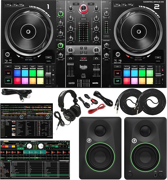 Hercules DJControl Inpulse 500 Professional DJ Controller Studio Bundle with 3.5" Powered Monitors, DJ Headphones, RCA/TRS Cables & DJ Software Complete Laptop DJ Mixing & Performance Kit