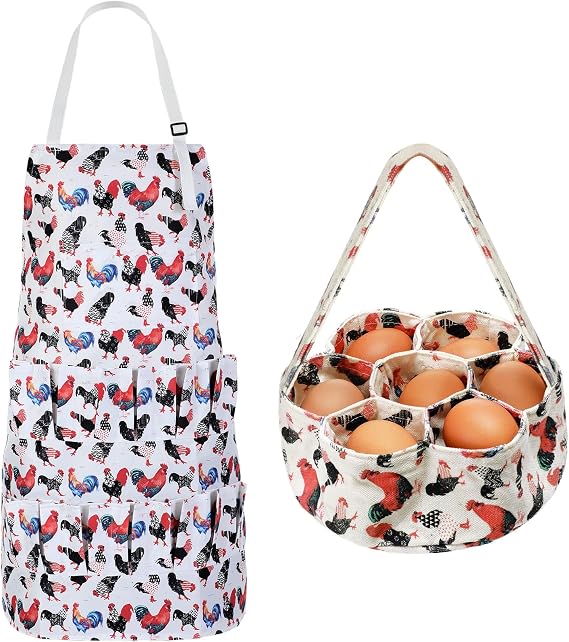 Cutecrop 2 Pcs Egg Collecting Apron Basket Women 15 Pockets, Classic Style