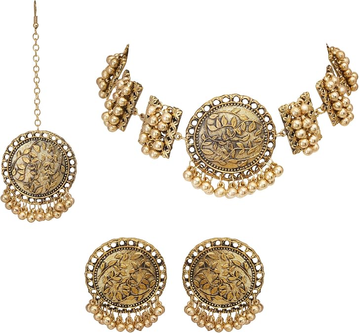 Jwellmart Oxidized Silver Traditional Asthetic Choker/Long Necklace Earrings Jewellery Combo Dance Garba Jewelry