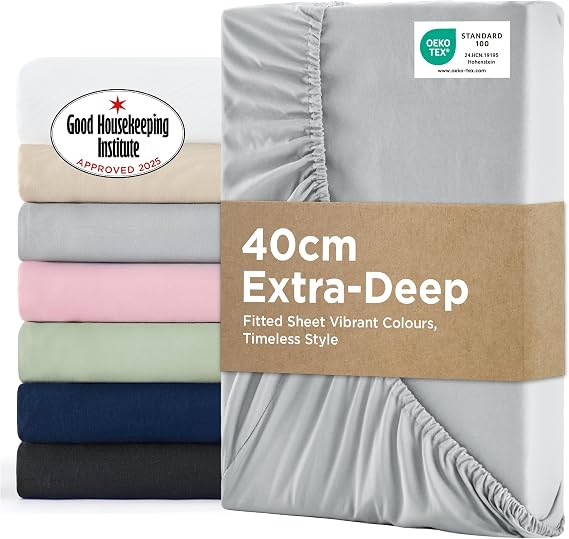 Bedsure Double Fitted Sheet Deep - 40cm Pocket, Grey, 135x190cm
