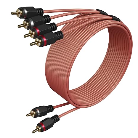 2 to 4 Channel Male RCA Car Audio Cable 20 Ft, Bi-Directional Y Splitter RCA Adapter Interconnect Cord, OFC Shielded Gold-Plated for Hi-Fi Systems, Home Theater, Car Stereo, Amplifiers, Speakers-Brown