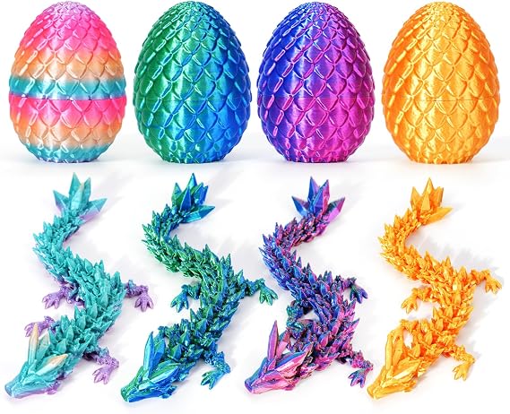 4PCS 3D Printed Dragon Eggs with Dragon Inside, Easter Dragon Eggs, Articulated Crystal Dragon, Mystery Dragon Egg Fidget Toy, 3D Printed Animals Set, Easter Gifts for Kids (Multicolor3-4pcs)