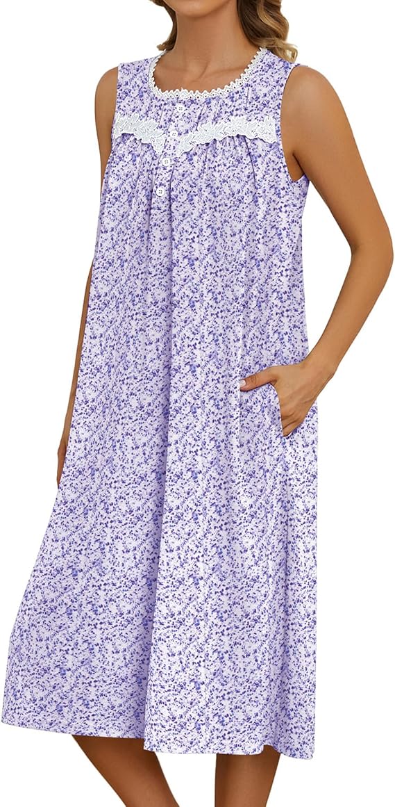 Bloggerlove Nightgowns for Women with Pockets Button Down Sleeveless House Dress Pleated Long Moomoo Nightgown Sleepwear