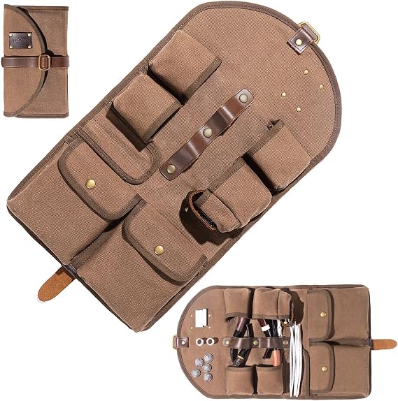 Waxed Canvas 4 Pipe Tobacco Pouch, Smoking Pipe Case Accessories Organizer, Durable Foldable Travel Bag with Leather Stand