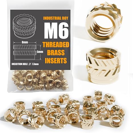 Heat Set Threaded Insert, Brass Inserts - Heat Set Inserts for 3D Printing, Plastic Parts & Prototyping | Metric Knurled Nuts for Secure Fastening (M6 x 8 OD x 5 L - 50 Pieces)