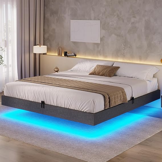 BTHFST Floating Bed Frame King Size with LED Lights, Modern Metal King Platform Bed, Solid and Stable, Noise Free, No Box Spring Needed, Easy Assembly (Dark Grey, King)