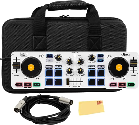 Hercules DJControl Mix Bluetooth Wireless DJ Controller for Smartphones - White Bundle with Case, MIDI Cable, and Austin Bazaar Polishing Cloth