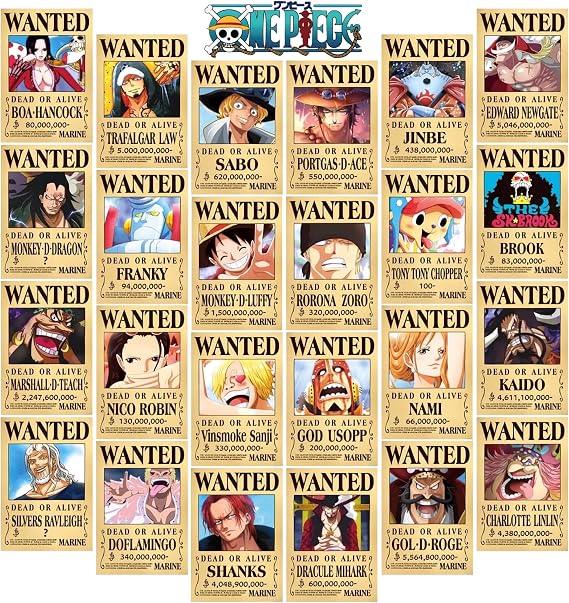 HSAOEFP One Piece Pirates Wanted Posters, 24Pcs New Edition Luffy 1.5 Billion Anime Poster Straw Hat Pirates Crew Luffy Chopper Zoro Nami Usopp Sanji Jinbe Franky Brook Robin And More