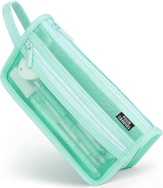 Four Candies Grid Mesh Pencil Case, Clear Double-layer with Handle (Green)