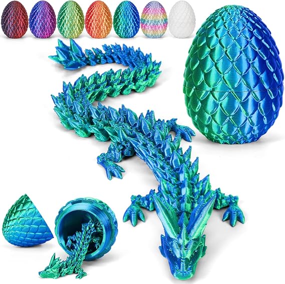 3D Printed Dragon Egg with Dragon (28.5cm) Inside, 3D Printed Articulated Crystal Animals Easter Toys & Decor, Unique Easter Gift for Kids, Teens, Adults, Collectors, Laser Dark Green