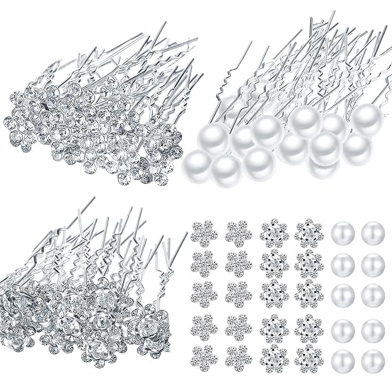 60Pcs Bridal Hair Pins Rhinestone Crystal Pearl U Shaped Clip for Wedding,