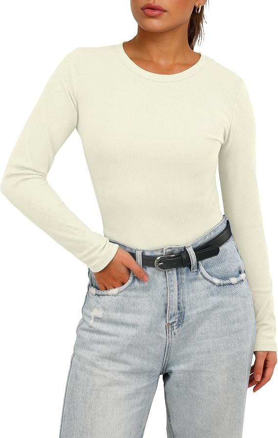 IWOLLENCE Womens Ribbed Long Sleeve Crewneck Casual Slim Basic Shirts Fitted Knit Tops