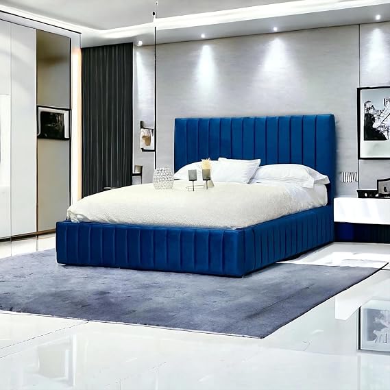 J&S Benson Chesterfield Wing GasLift Mattress 54" Headboard Plush Velvet (5ft King Slat Base No Storage No Mattress, Blue)