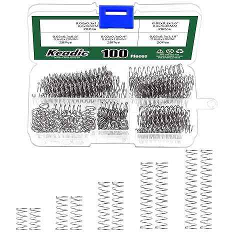 Keadic 100Pcs Mini Stainless Steel Extension Springs Assortment Kit, 8mm Outer Dia, 0.6mm Wire Dia, 10mm-50mm Free Length Mechanical Compression Coil Spring Replacement for Household Applications