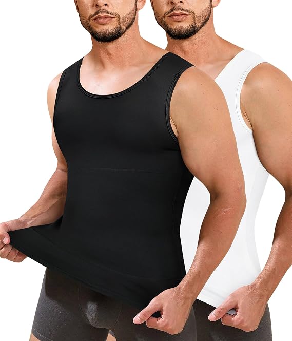 Junlan Men Compression Shirt Vest 2 Pack Slimming Body Shaper Tummy Control Shapewear Tank Tops Seamless Undershirts