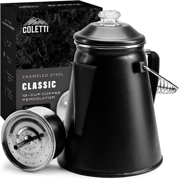COLETTI Classic Percolator Coffee Pot The Most Nostalgic Camping Coffee Pot, Now Modernized [Matte Gray Enamel, 12 Cup]