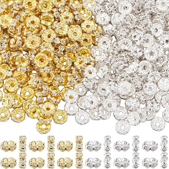 1 Box 400Pcs 6mm Rhinestone Spacer Beads Crystal Rondelle Spacer Beads Gold Silver Wavy Edge Brass Loose Wave Bead for Jewelry Making Supplies DIY Necklaces Bracelets Earrings Beaded Pens