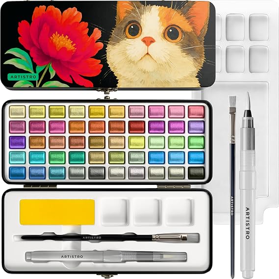 ARTISTRO 50 Metallic Watercolor Paint Set with Brushes for Adults & Kids