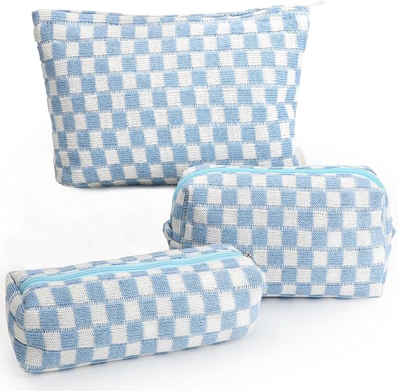 3 Pcs Makeup Bag Cosmetic Bag Set for Girls Women Checkered Travel Organizer Bathroom Toiletry Pouch Large Capacity Storage Bag, Blue-White, Fashion