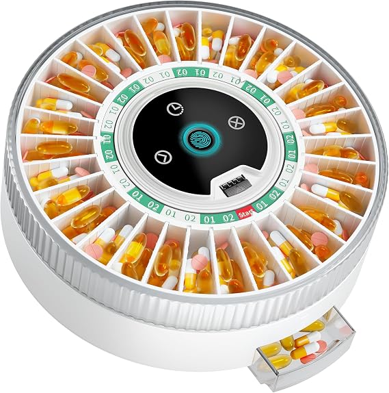PillCalendar Bluetooth Automatic Pill Dispenser for Elderly with Alarm, Smart Pill Dispenser with 31-Slot, Fingerprint& Mechanical Dual Lock Medication Dispenser, Timed Dispenser Machine (Green)