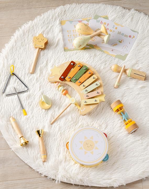 ROBOTIME Baby Musical Instruments Set, 11 PCS Wooden Toddler Musical Toys with Xylophone Percussion Instruments, Montessori Musical Toys for Preschool Kids Girls Boys