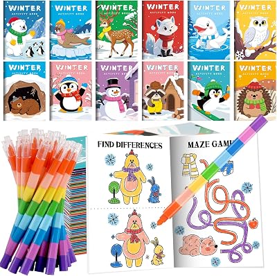 BenLouis 12 Winter Mini Activity Books with 12 Crayons for Kids ages 4-8-16 Holidays Party Favors Bulk Different Brain Game for Classroom Travel Craft Activities Penguins Goodie Bag Gift Stuffer