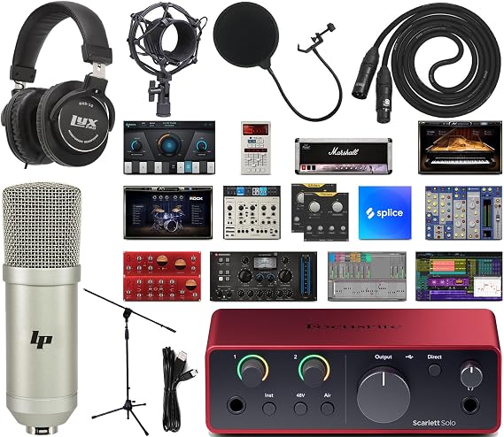 Focusrite Scarlett Solo 4th Gen 2-in/2-out USB-C Audio Interface Studio Bundle with Condenser Mic, HAS-10 Headphones, Shockmount, Stand, Pop Filter, XLR & USB Cables + Creative Production Software Kit