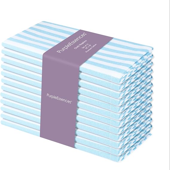 PurpleEssences Stripe Cloth Napkins 18x18 Inch - Aqua Blue & White
