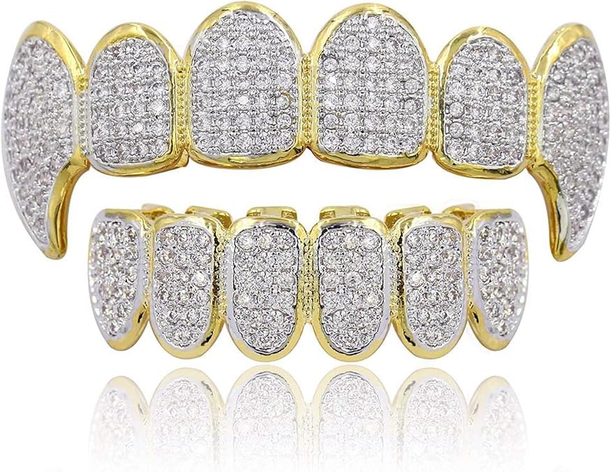 JINAO Grillz Grills for Your Teeth Simulated Diamond Teeth Grillz with Extra Molding Bars Included 18K Gold Plated All Iced Out Cubic Zirconia Golden Teeth for Men Women(Golden Vampire Teeth Set)