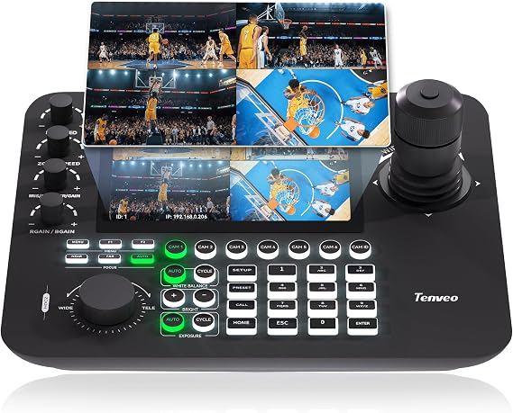 Tenveo NDI PTZ Camera Joystick Controller, 7 LCD Quad-Screen Real-time Preview, 4D Joystick Controller, NDI License Included, Support NDI PoE VISCA Pelco-D/P For Church Worship Live Event Streaming