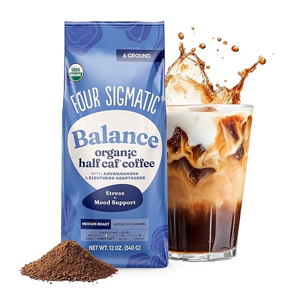 Four Sigmatic Organic Balance Adaptogen Ground Coffee | Medium Roast USDA Organic Coffee with Ashwagandha, Chaga Mushroom, Eleuthero and Tulsi | Focus and Energy Boosting Coffee | 12oz Bag