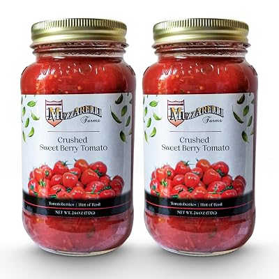 MUZZARELLI FARMS Crushed Sweet Berry Tomato | Pack of 2 Gift-Ready | Jeresy Fresh Flavorful | Family Recipe for 60 years - No Gluten- Low Carb - No Preservatives - All Natural -26 fl oz Glass Mason Jar | Hand-Selected Tomatoes Bottled for Peak Freshness and Flavor. Made in Vineland, New Jersey USA