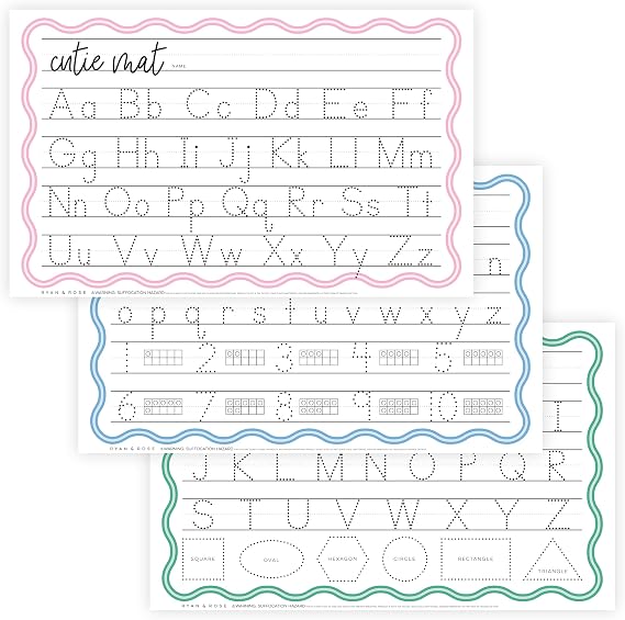 Ryan & Rose Cutie Mats Disposable Placemats For Baby, Toddlers & Kids Extra Coverage (13" X 21") 30 Pack (3 Designs) Stick To Table Easy Clean Up For Food & Toys Dry Erase Tracing Writing (EDU Tracer)