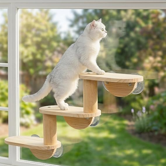 Cat Window Ladder, 3-Level Solid Pine Steps for Climbing and Bird Watching