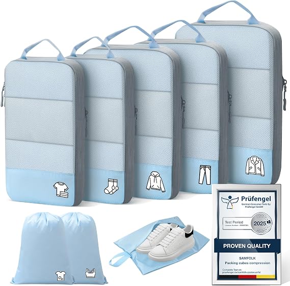 Compression Packing Cubes for Suitcases, Ultralight 8 Set Packing Cubes for Backpack Waterproof Luggage Packing Organizers Blue grey