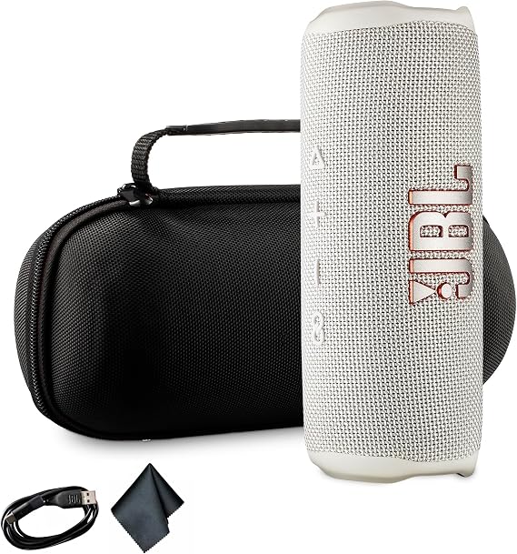 JBL Flip 6 Portable Wireless Speaker | Deep Bass Sound, IP67 Waterproof Rating | Bluetooth Audio for Outdoor, Travel, Beach, Hiking, and Home Use (White) with Travel Case + Microfiber Cloth