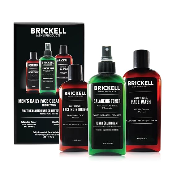 Brickell Men's Daily Face Cleanse Routine for Oily Skin, Alcohol Free Toner, Gel Facial Wash and Moisturizer, With Hyaluronic Acid, Aloe, and Witch Hazel, Scented
