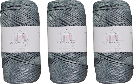 Makromecity, Polyester Macrame Cord 2mm x 125 Yards (375 feet) 2mm Polypropylene Macrame Cord Crochet Macrame Bag Cord Crafts for Wall Hangings, Bags, Underplate, Rug (3, Grey)