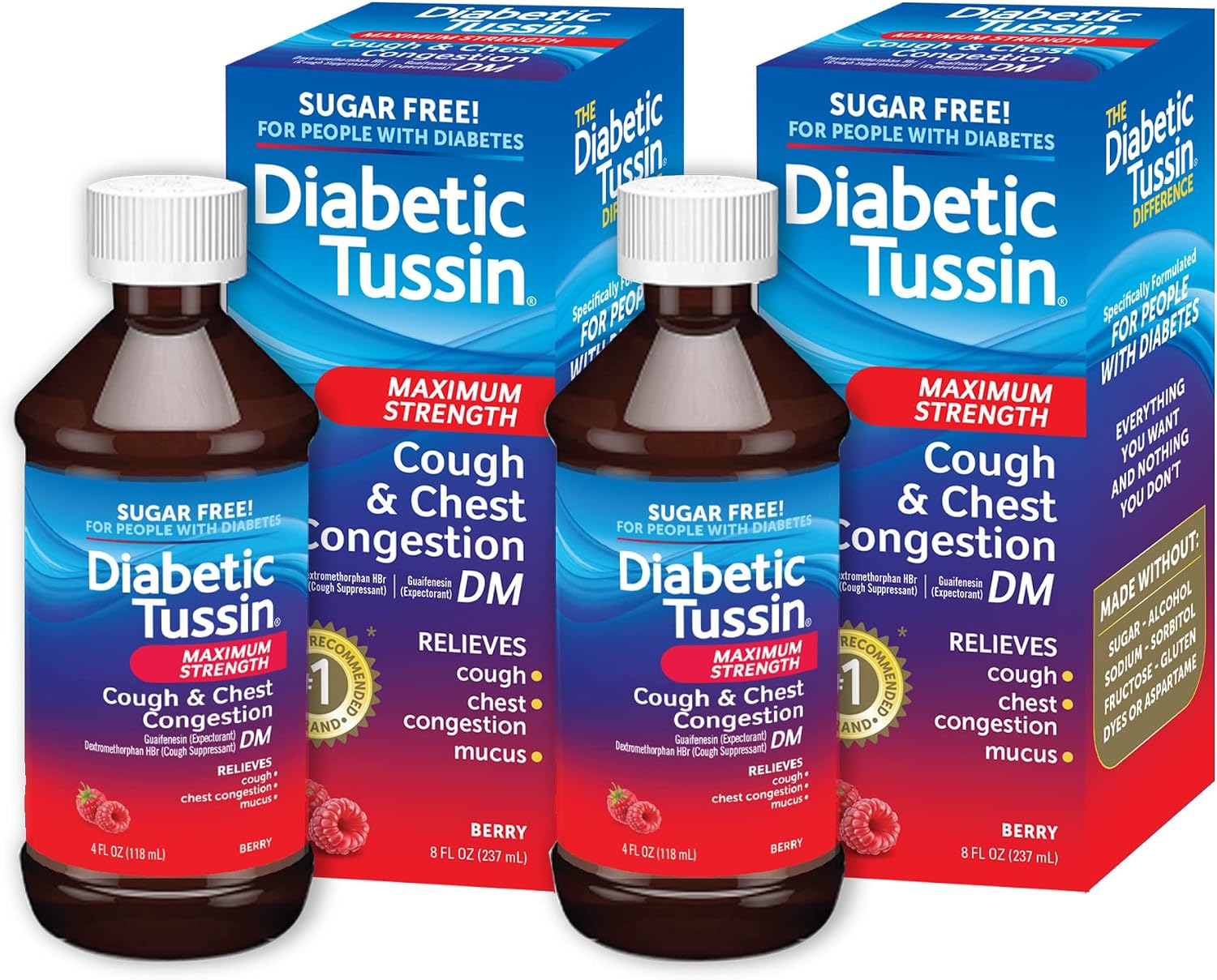 Diabetic Tussin DM Maximum Strength Cough Medicine with Chest Congestion Relief - 8 Fl oz - Liquid Cough Syrup, Safe for Diabetics, Berry Flavored, 2 Pack