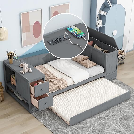 Bellemave Twin Size Daybed with Trundle, Storage Arms, Charging Station, Wood Twin Daybed Frame Sofa Bed, No Box Spring Required, for Living Room Bedroom Guest Room - Gray