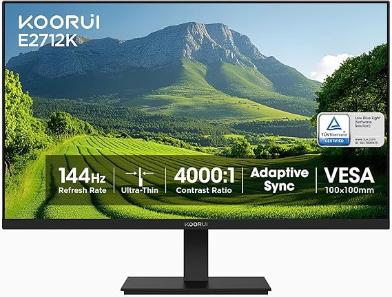 KOORUI 27 Inch Computer Monitor 144Hz FHD 1080p VA Display for Work & Play | 4000:1 Contrast Ratio, Adaptive Sync, Eye Care TUV Rheinland Certified, Slim Bezels, HDMI/VGA, VESA & Tilt for Home Office